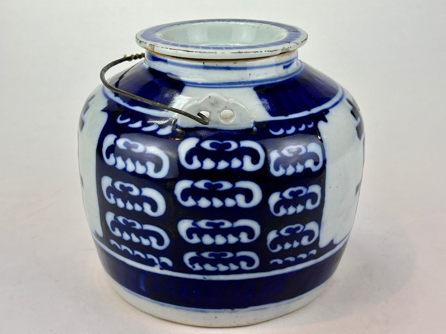 Antique Chinese c1920 Double Happiness Tea Pot Cobalt Blue & White Hand Painted 7"