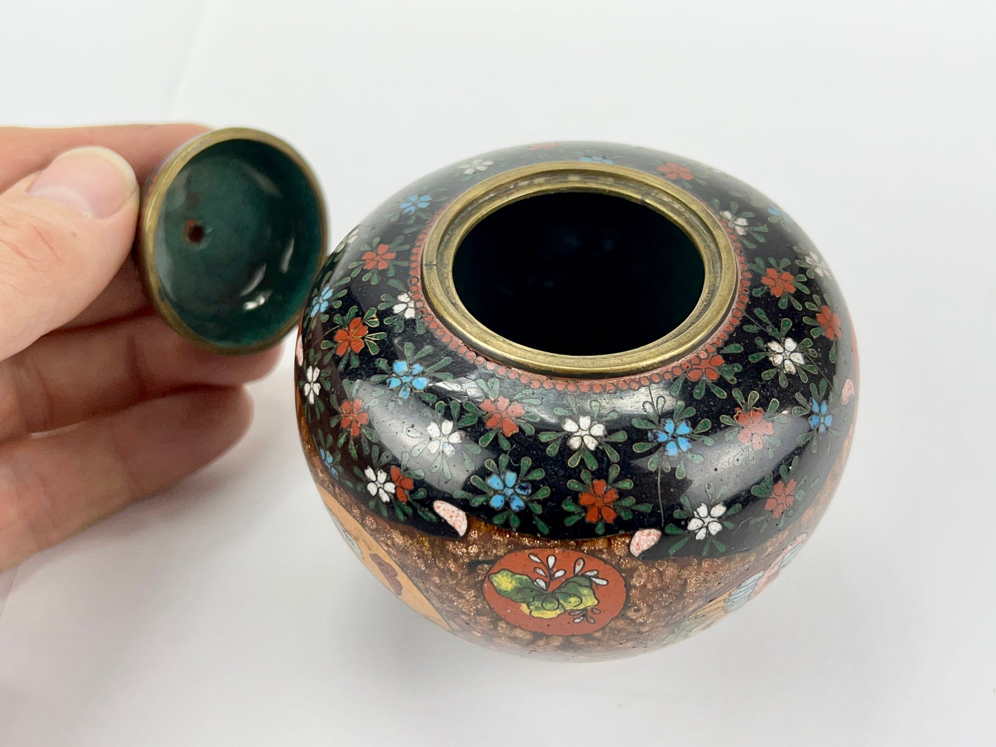 Antique Japanese Meiji Era (late 1800's) Cloisonné Ginger Jar Style 3.5”