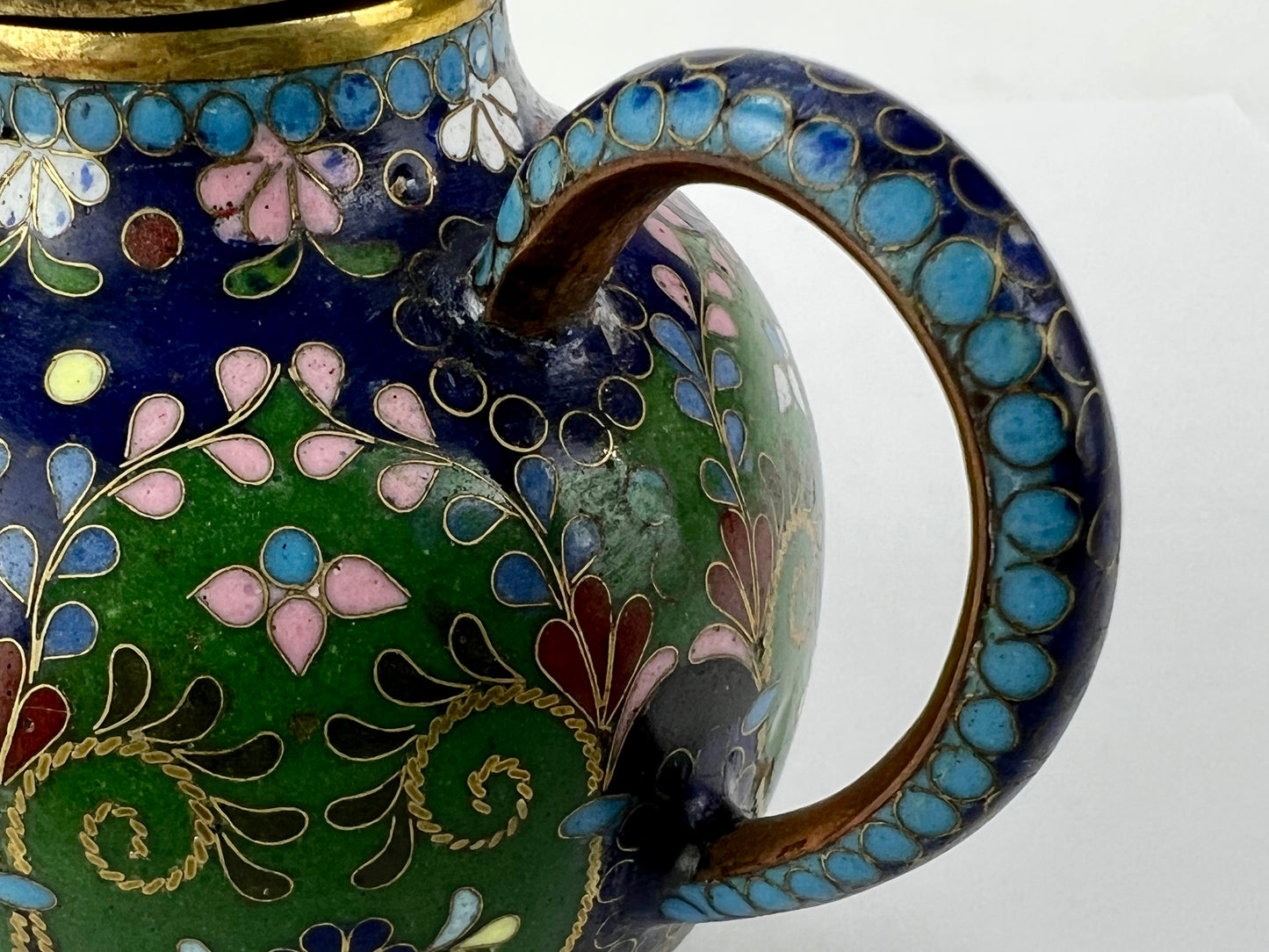 Antique Japanese Meiji Era (late 1800's) Cloisonné Green/Blue Tea Pot 3.5”