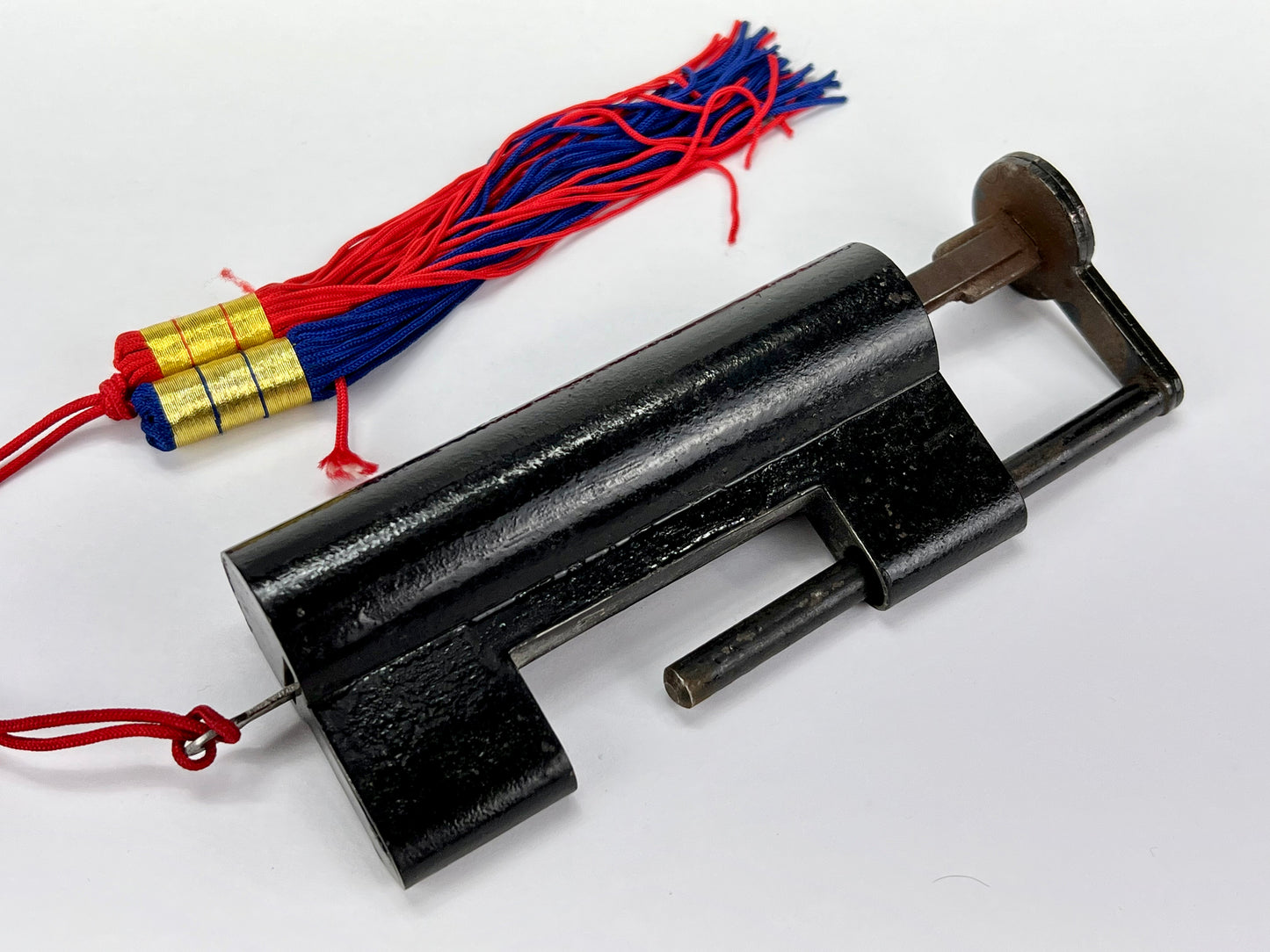 Vintage Chinese Traditional Cabinet or Chest Lock & Key Black Lacquer 4.5"
