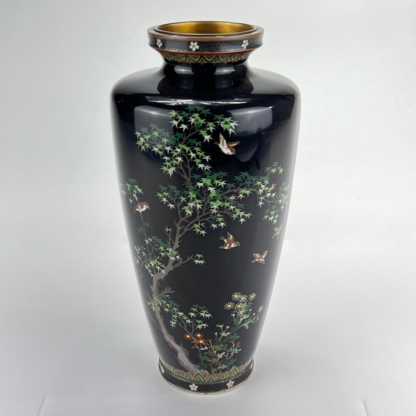 Antique Japanese Meiji Era (late 1800's) Silver Cloisonné Vase Maple & Sparrows 9.5”