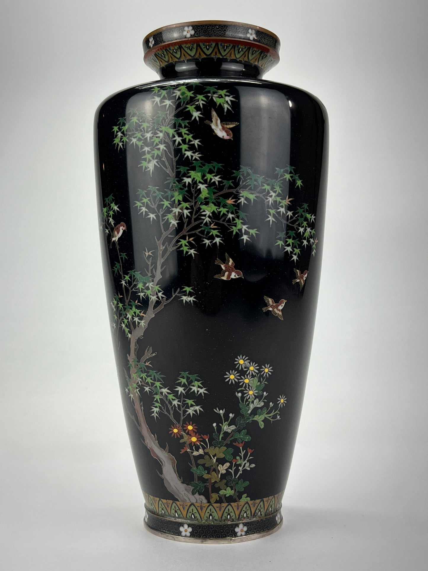 Antique Japanese Meiji Era (late 1800's) Silver Cloisonné Vase Maple & Sparrows 9.5”