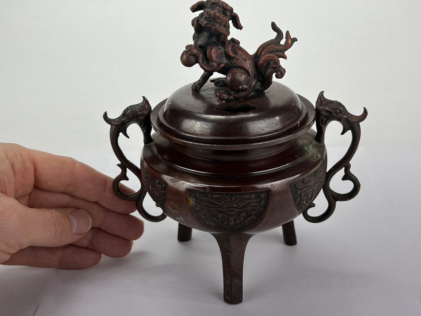 Japanese Bronze Koro Incense Burner w/ Foo Dogs 6.5"