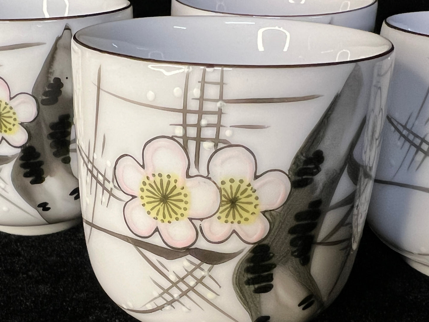 Vintage Japanese Set of 4 Tea Cups Cherry Blossom w/ Bird 2.5"