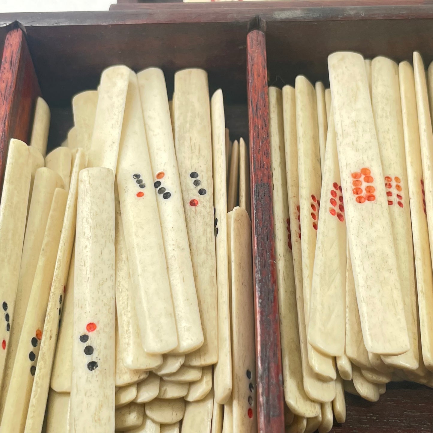 Antique Rare Complete c.1900 Chinese Mahjong Set (no English no Arabic Numerals) Small 3/4” x 1” Tiles Special Tiles are Flowers Box Includes Betting Sticks Dice w/ Box as well as Direction Disk