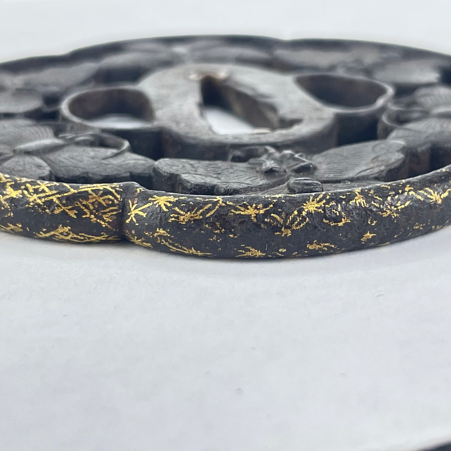 Antique Japanese Samurai Used Iron Tsuba Sword Hilt Openwork Moths and gold inlay