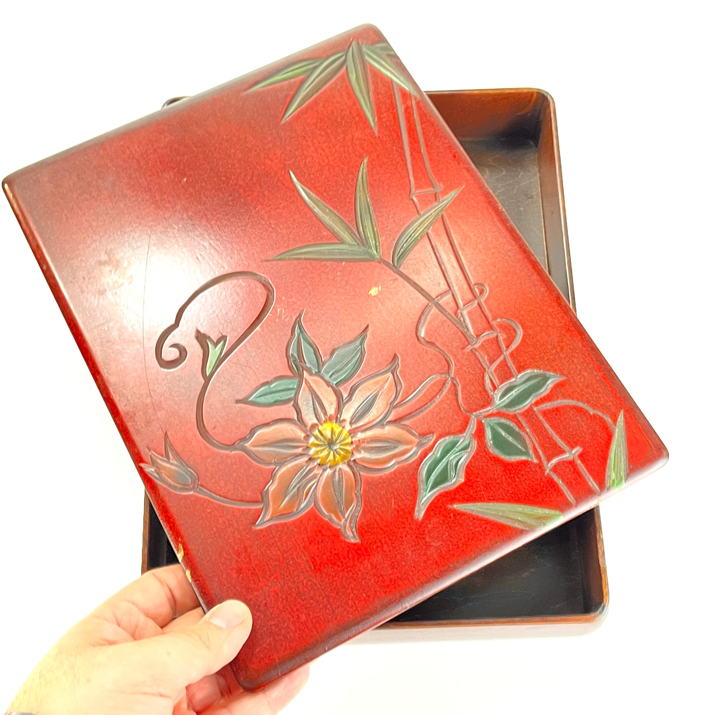 Vintage Japanese Kamakurabori Box Flowers Deep Red Lacquer 9”x12”