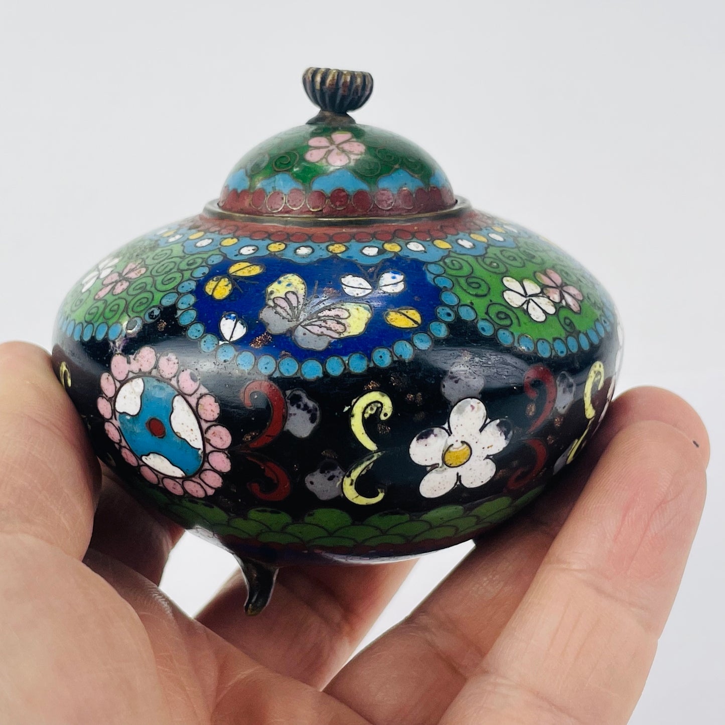 Antique Chinese Late Qing c1910 Blue Cloisonné Koro Censer for Incense 3”