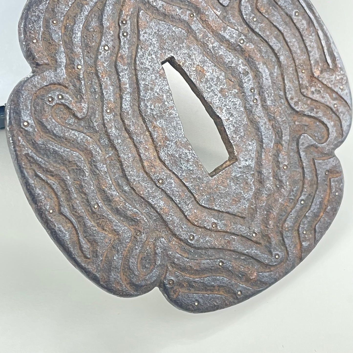Antique Japanese Samurai Used Iron Tsuba Sword wood grain w/ Golden dew inlay