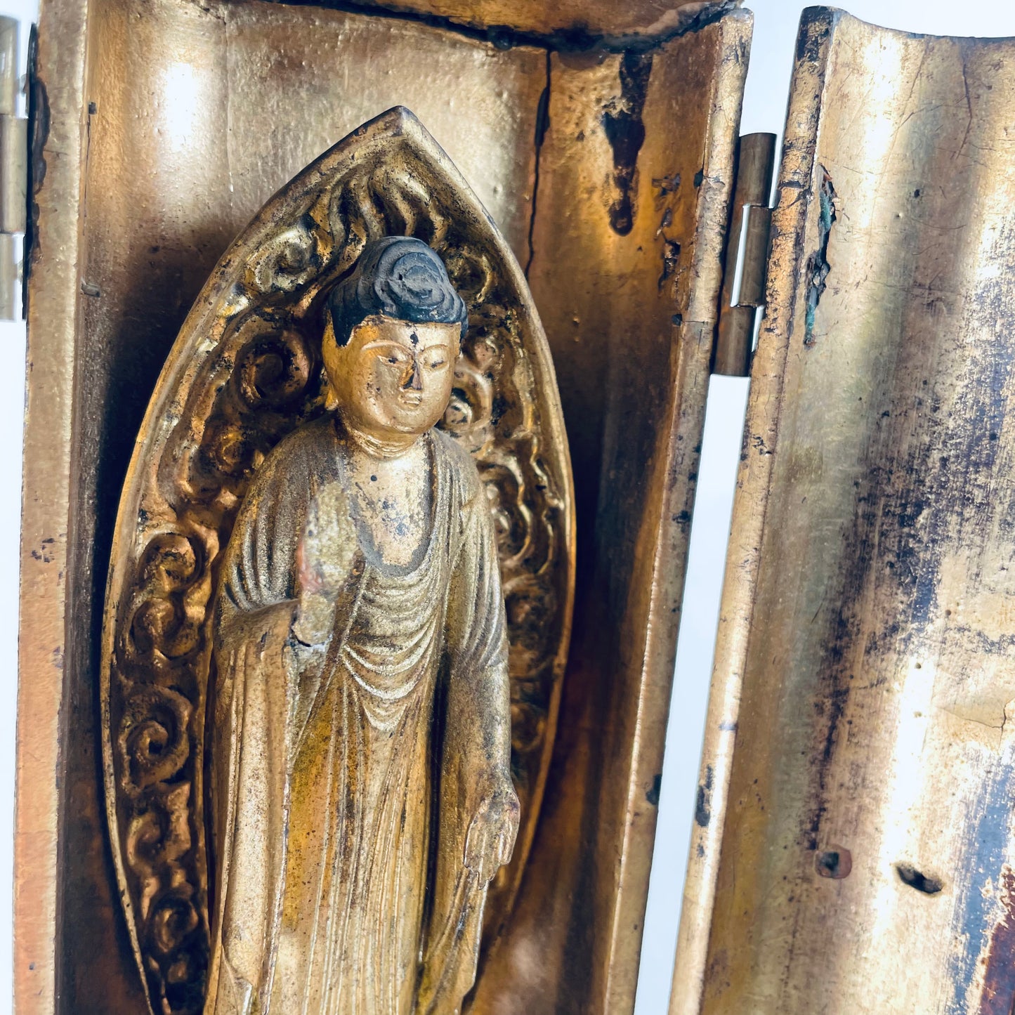 Antique Japanese Gilded Wood Statue of The Buddha in Zushi “Portable Shrine” 9"