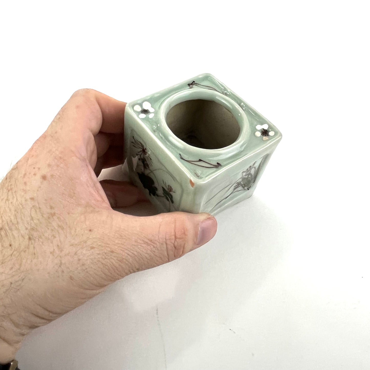 Vintage Japanese Taisho Era Ceramic Sake Cup Holder Green Celadon 2.5"