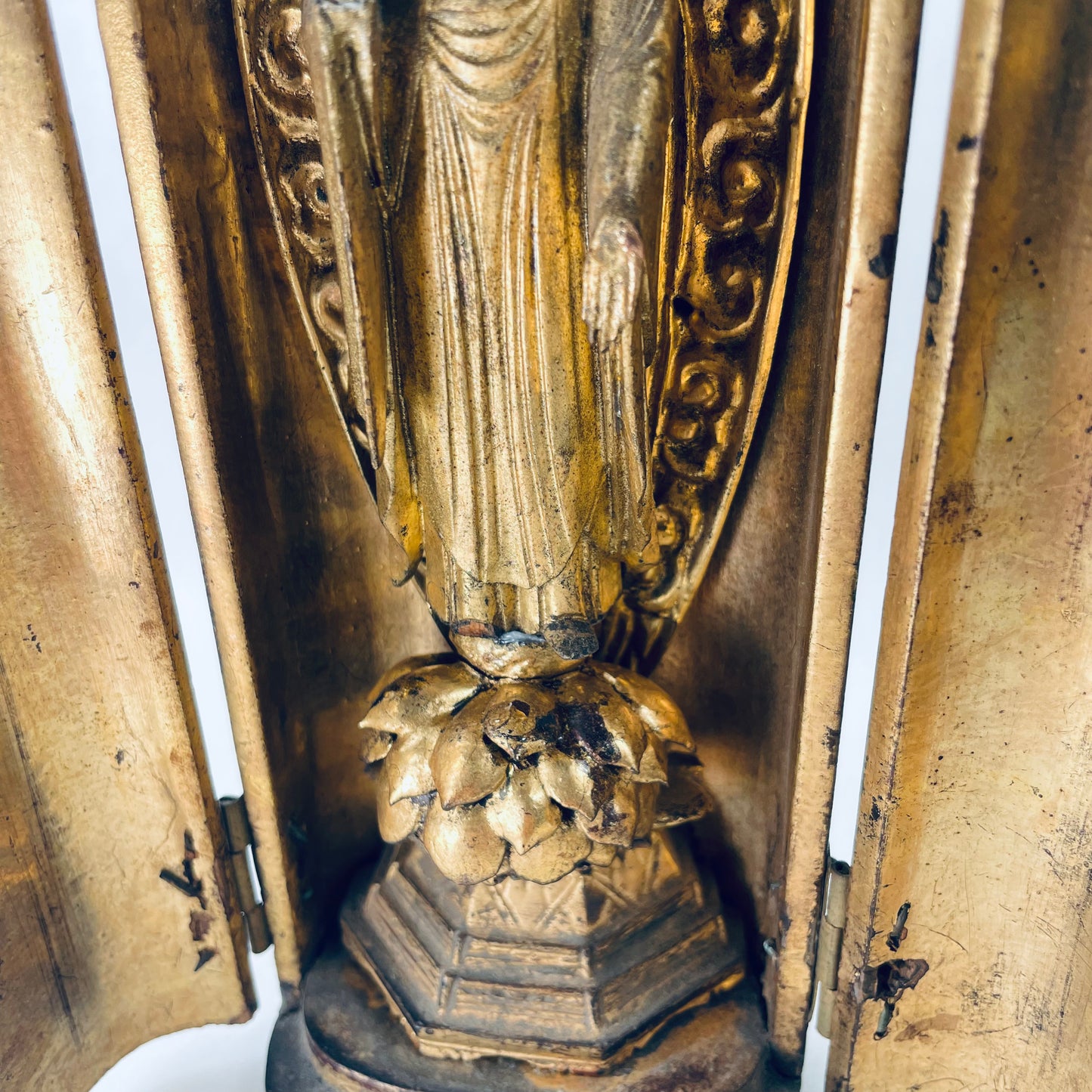 Antique Japanese Gilded Wood Statue of The Buddha in Zushi “Portable Shrine” 9"