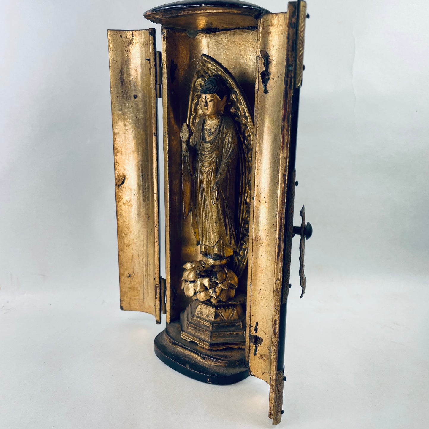 Antique Japanese Gilded Wood Statue of The Buddha in Zushi “Portable Shrine” 9"