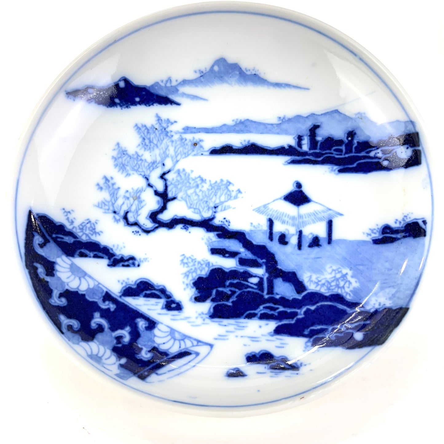 Antique c.1900 Meiji Era Japanese Ceramic Imari Plate Cranes w/ Landscape 6"