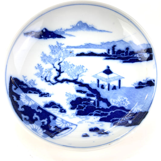 Antique c.1900 Meiji Era Japanese Ceramic Imari Plate Cranes w/ Landscape 6"