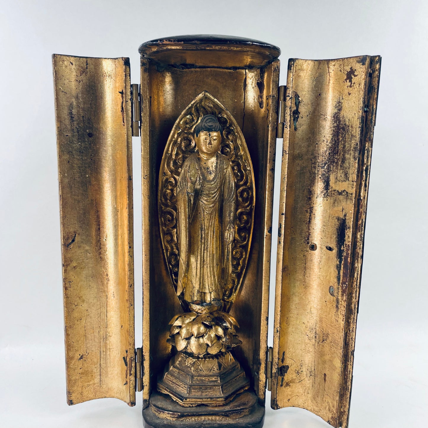 Antique Japanese Gilded Wood Statue of The Buddha in Zushi “Portable Shrine” 9"