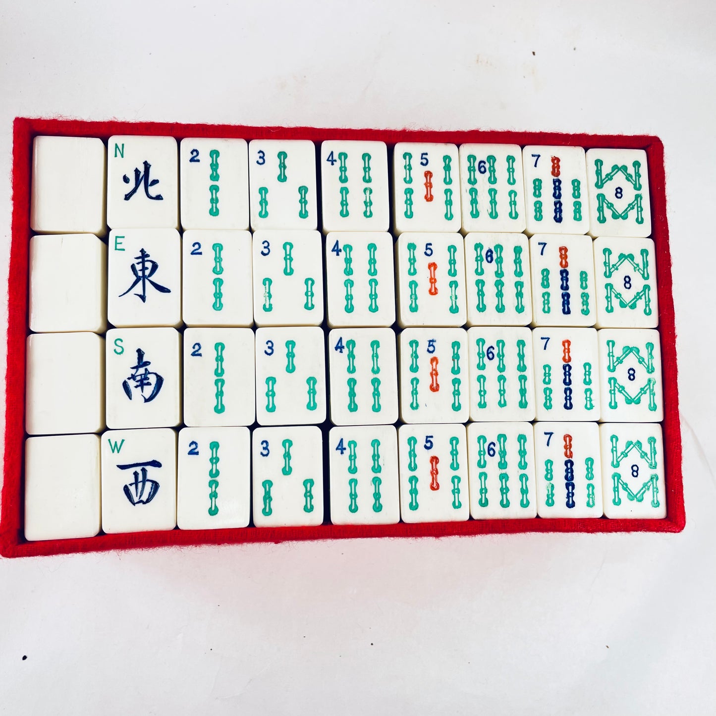 Antique Complete Chinese Mahjong Set With Arabic Numerals 1x 2 x 3 cm Tiles Special Tiles are Maidens Box Includes Betting Sticks Dice w/ Box as well as Direction Disks and holder