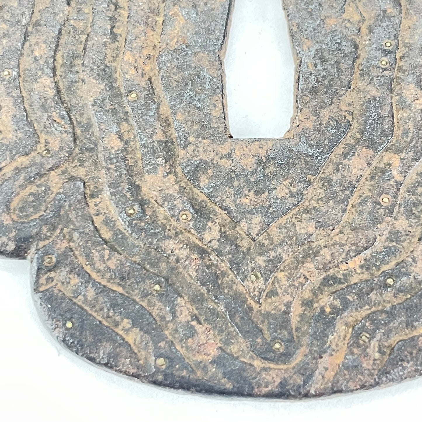 Antique Japanese Samurai Used Iron Tsuba Sword wood grain w/ Golden dew inlay