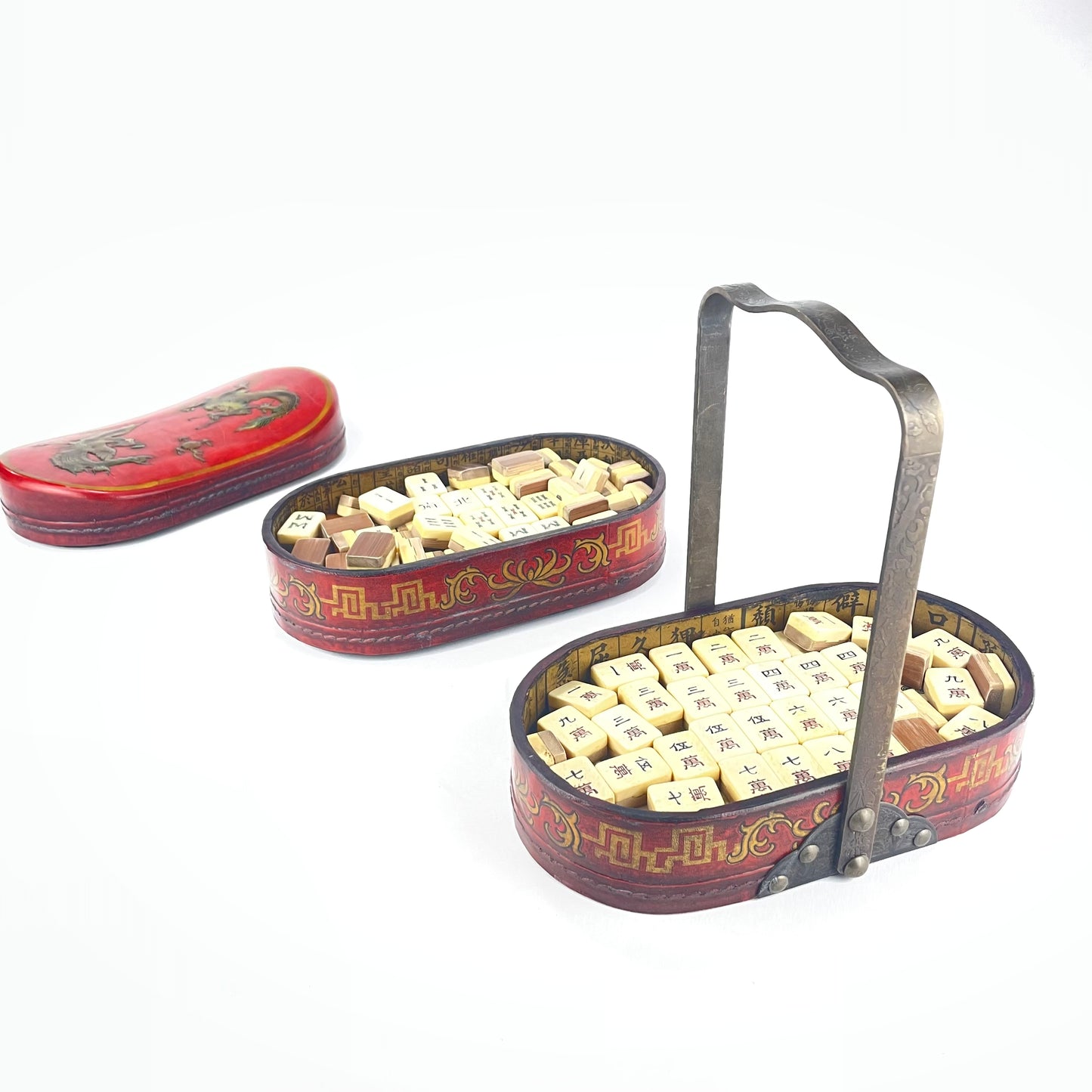 Antique Complete Chinese Mahjong in two Teared Leather Box