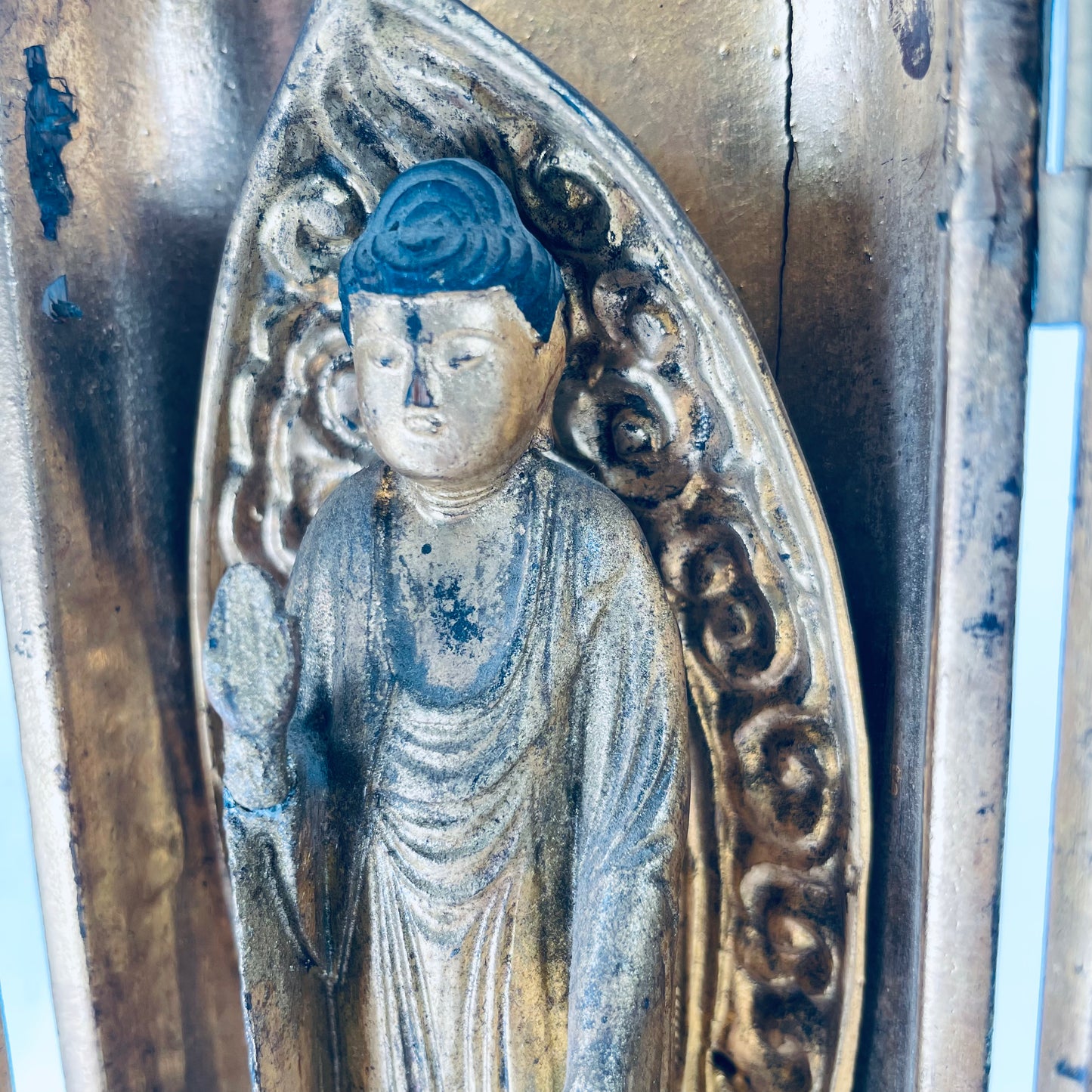 Antique Japanese Gilded Wood Statue of The Buddha in Zushi “Portable Shrine” 9"