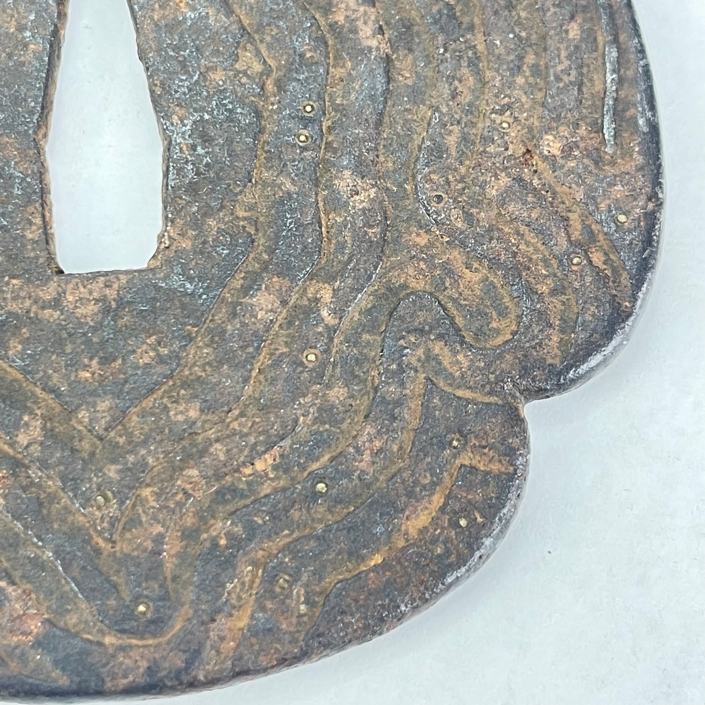 Antique Japanese Samurai Used Iron Tsuba Sword wood grain w/ Golden dew inlay
