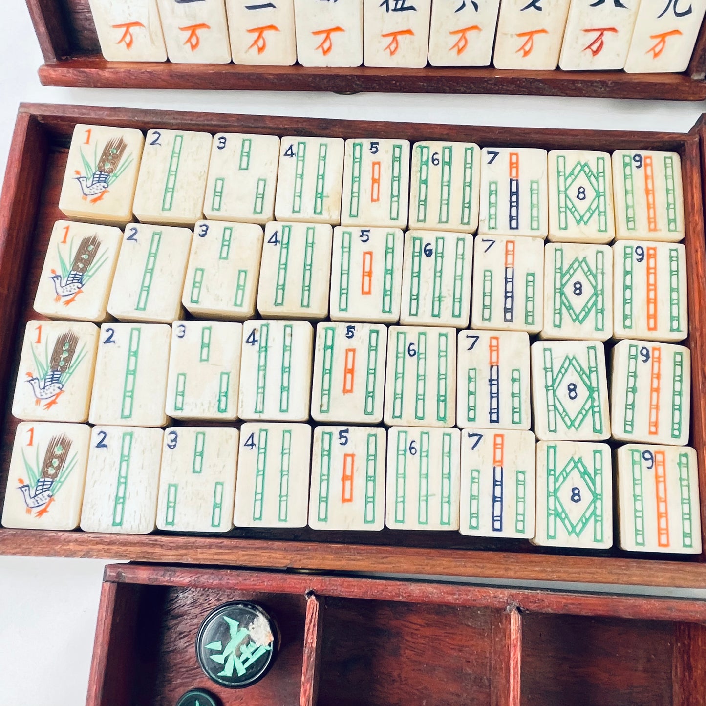Antique Complete Chinese Mahjong Set With Arabic Numerals 3x2x1cm Tiles Special Tiles are Flowers Box Includes Betting Sticks Dice w/ Box as well as Direction Disks