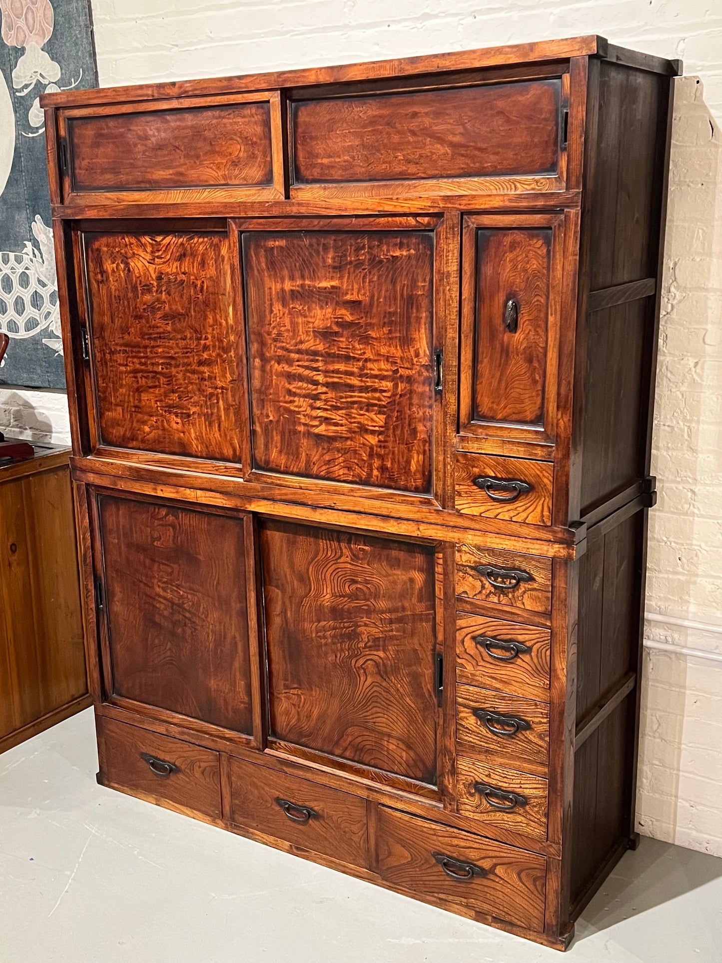 Antique Japanese Mizuya Meiji Era Late 19th Keyaki Elm Kitchen Chest 52"