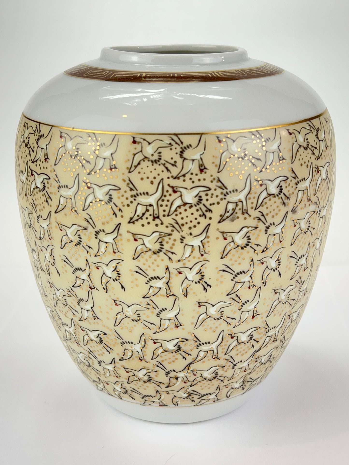 Vintage Porcelain Vase w/ Cranes in Black & Gold 7"