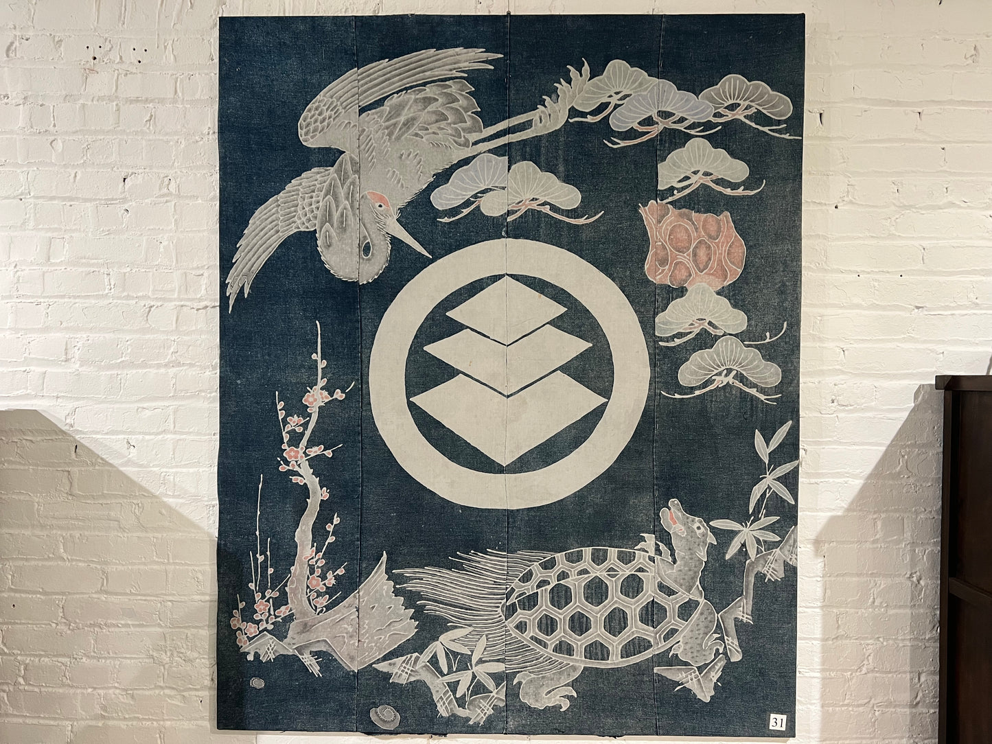 Antique Japanese c.1820 Futon Cover 6 Color Turtle & Crane Indigo Dyed Tsutsugaki
