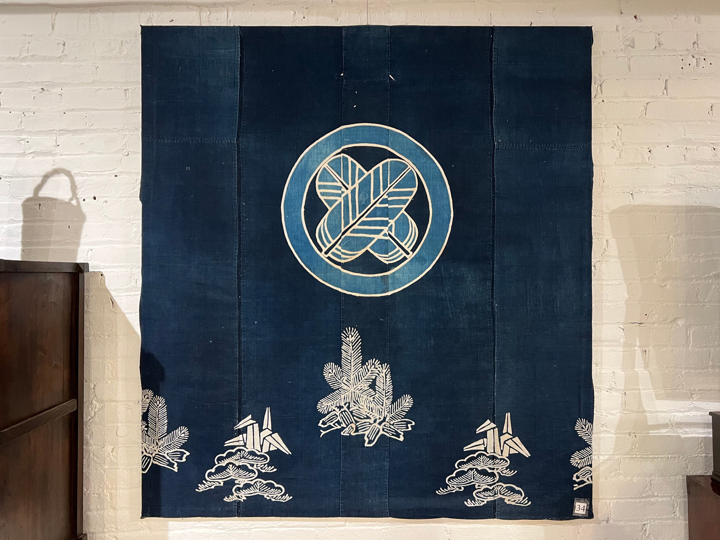 Antique Japanese c.1880 Futon Cover 3 Color Crossed Feather Mon Indigo Dyed Tsutsugaki