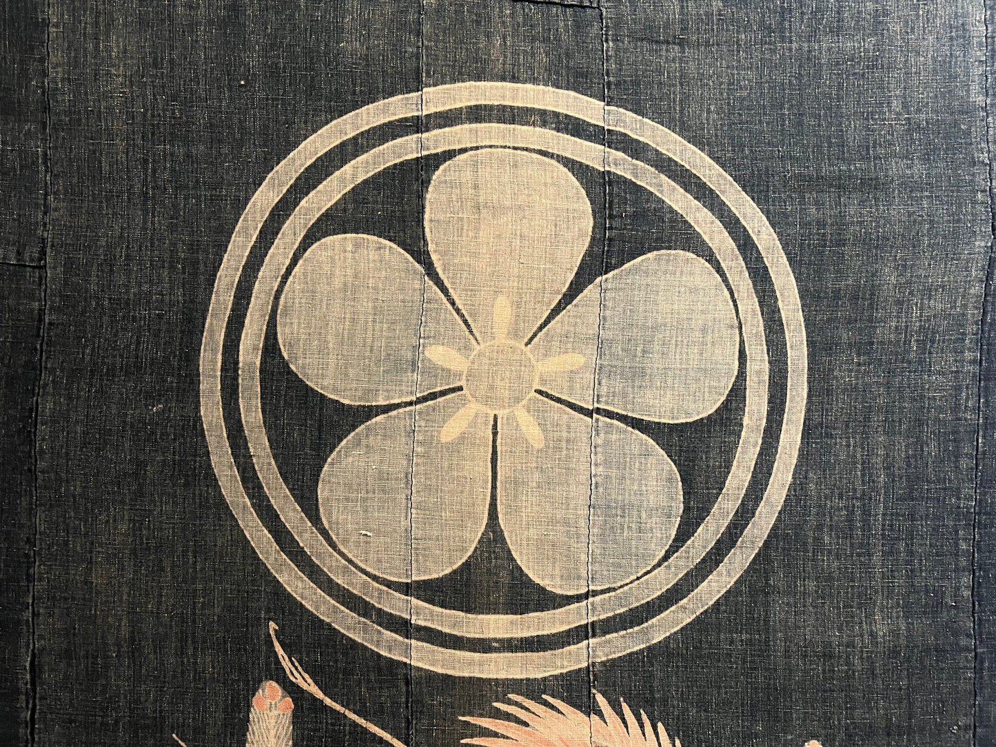 Antique Japanese c.1850 Futon Cover 6 Color Plum Blossom Mon & Cranes Indigo Dyed Tsutsugaki