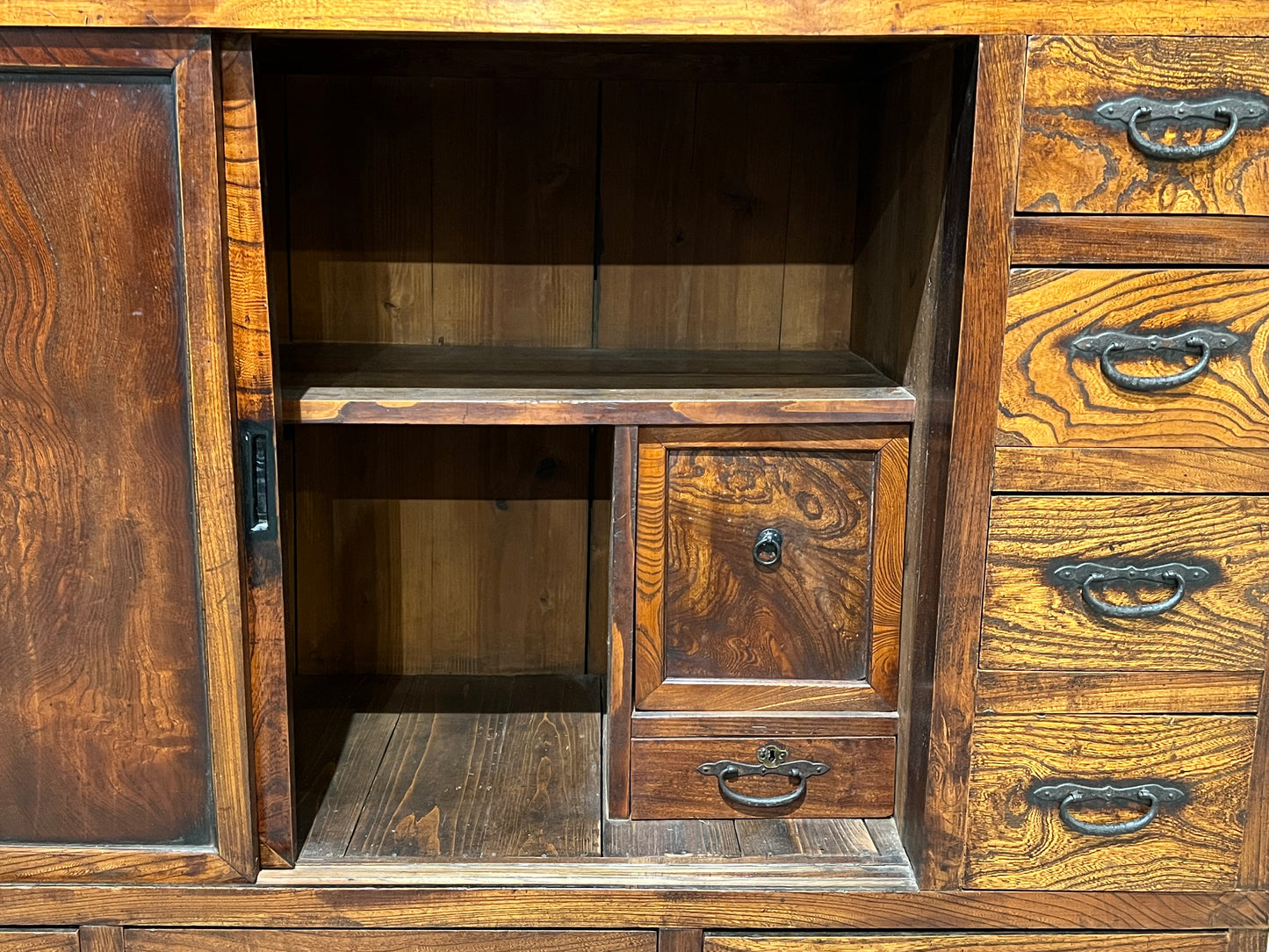Antique Japanese Mizuya Meiji Era Late 19th Keyaki Elm Kitchen Chest 52"