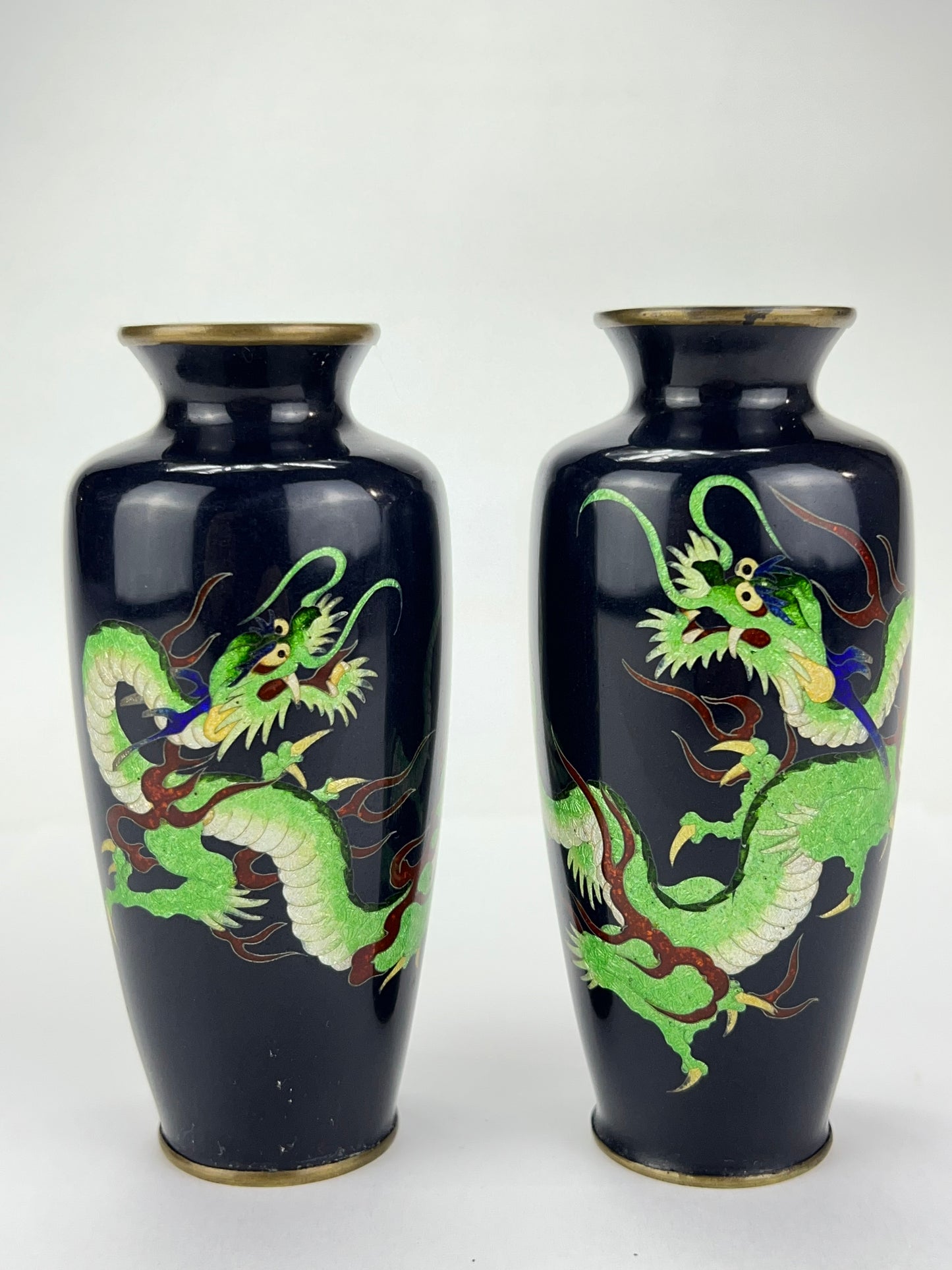 Antique Japanese Meiji Era (late 1800's) Cloisonné Pair of Green Dragon Vases 5”
