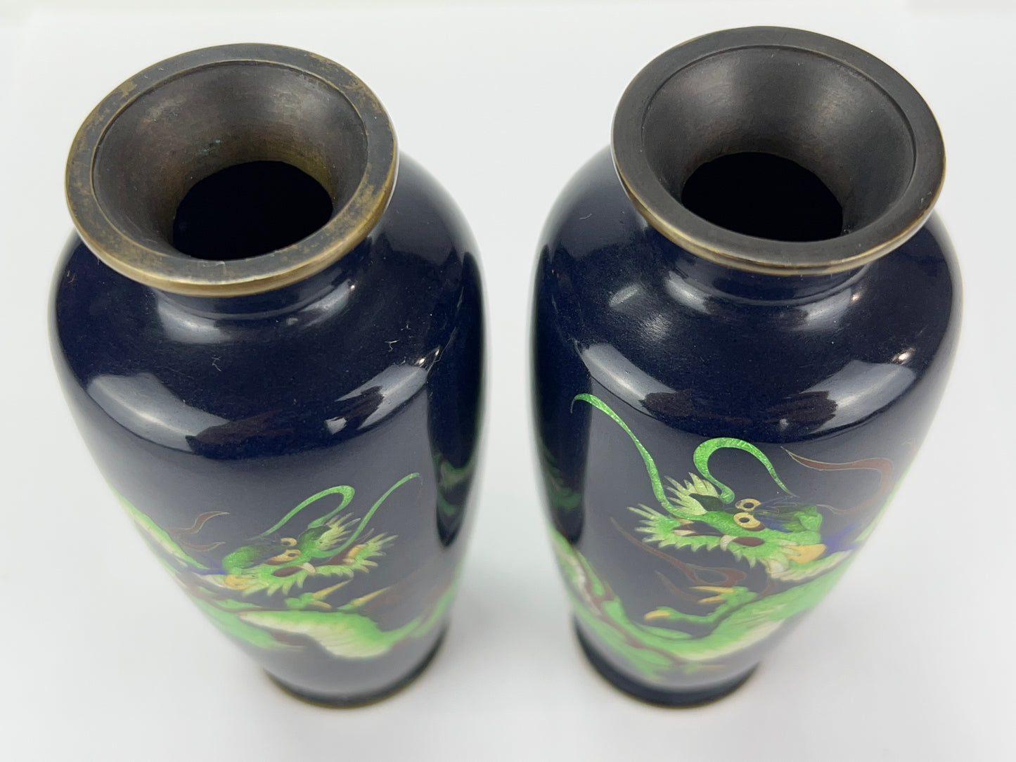 Antique Japanese Meiji Era (late 1800's) Cloisonné Pair of Green Dragon Vases 5”
