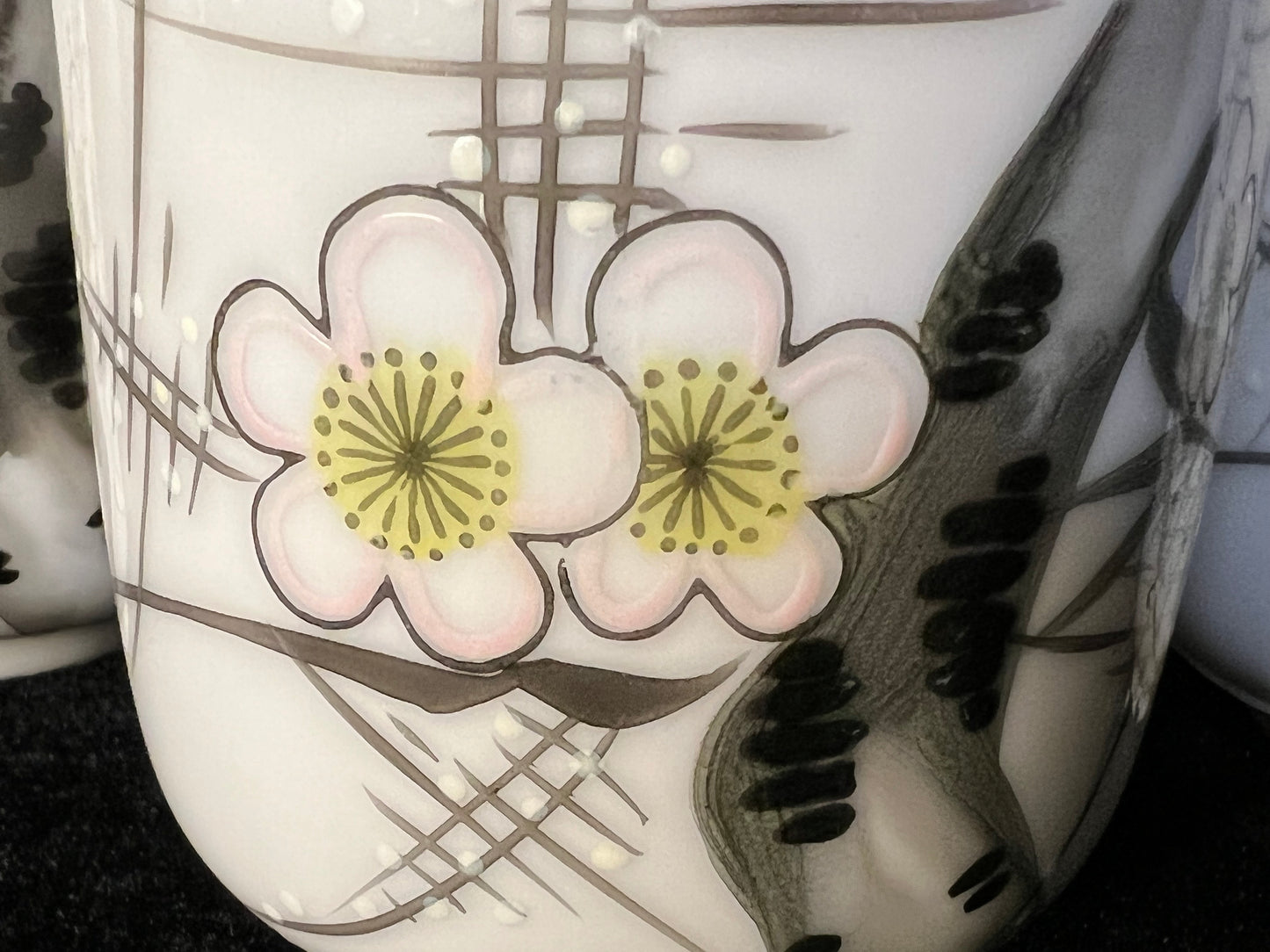 Vintage Japanese Set of 4 Tea Cups Cherry Blossom w/ Bird 2.5"