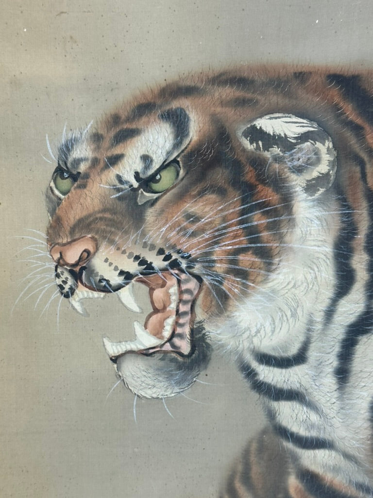Antique Japanese Kakejiku Hanging Scroll Tiger on Cliff Nihonga Ink Color Signed 73"L