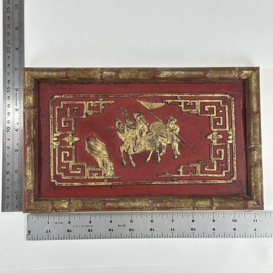 Antique Chinese Carved Gilt Lacquer Wood Panel Fragment Rider Scene 11.5″L