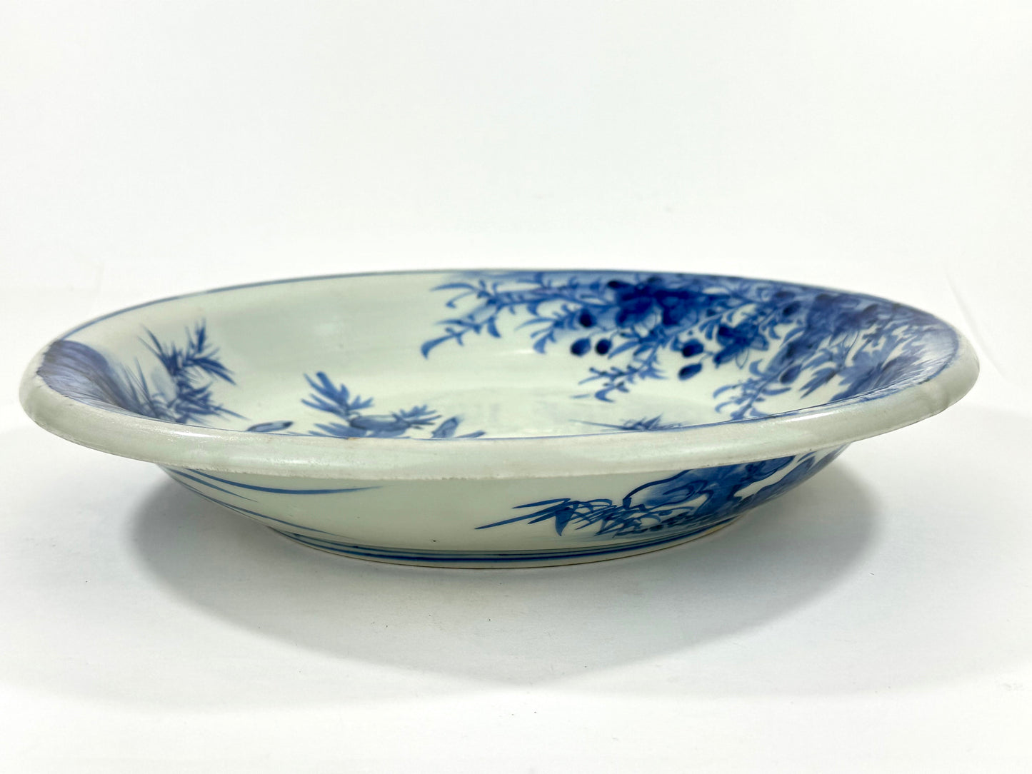 Antique Japanese Late Edo Period Imari Blue & White Porcelain Peony Bowl 12"W