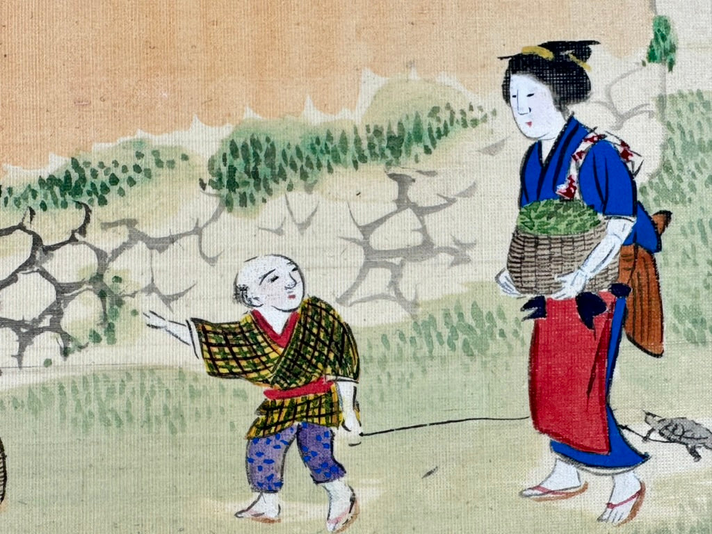 Antique Japanese Silk Painting Tea Pickers Genre Scene Gold Fleck 14"W