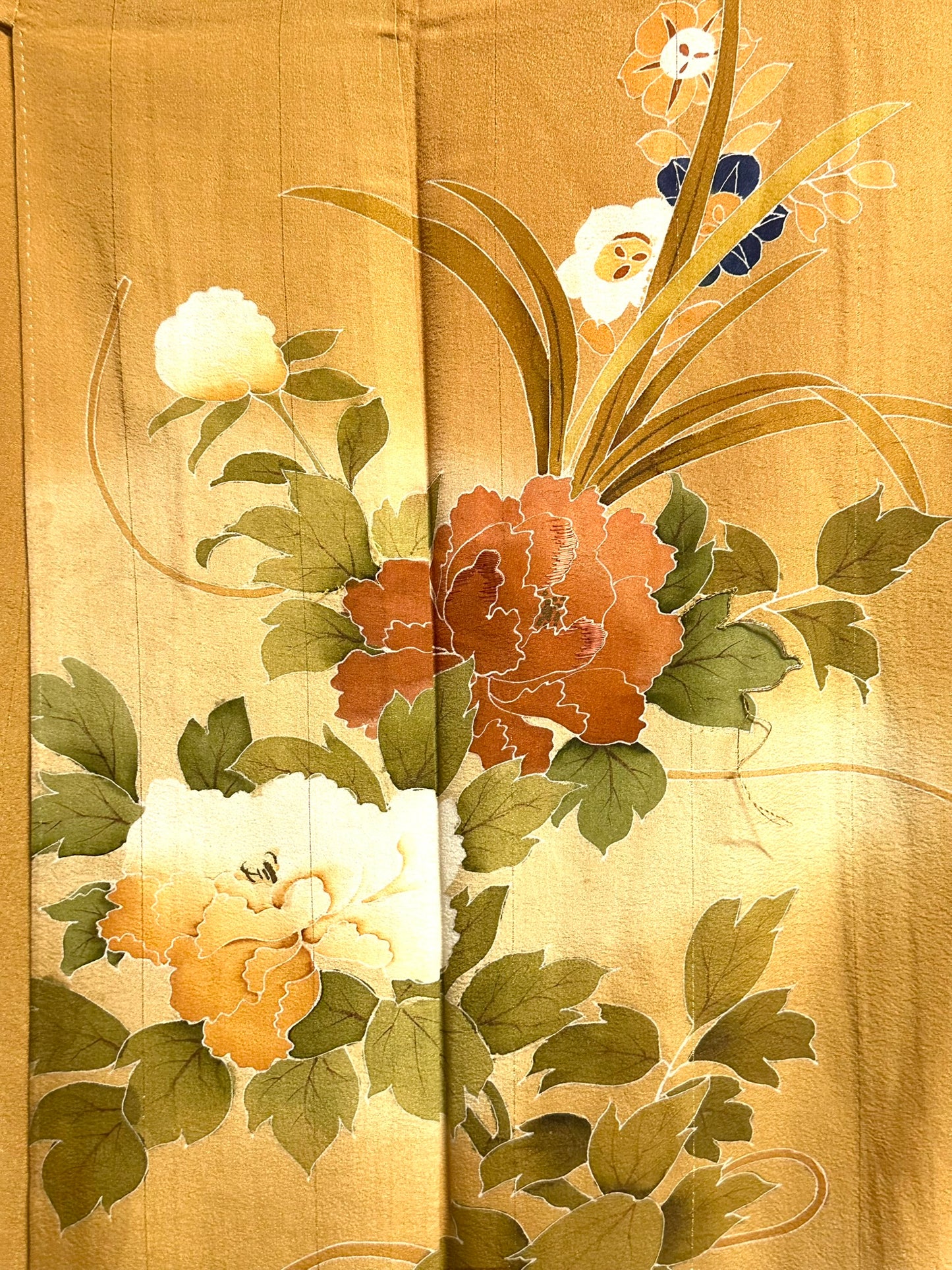 Vintage Japanese Silk Tomesode Kimono Yuzen Botan Peony Gold Amber Showa