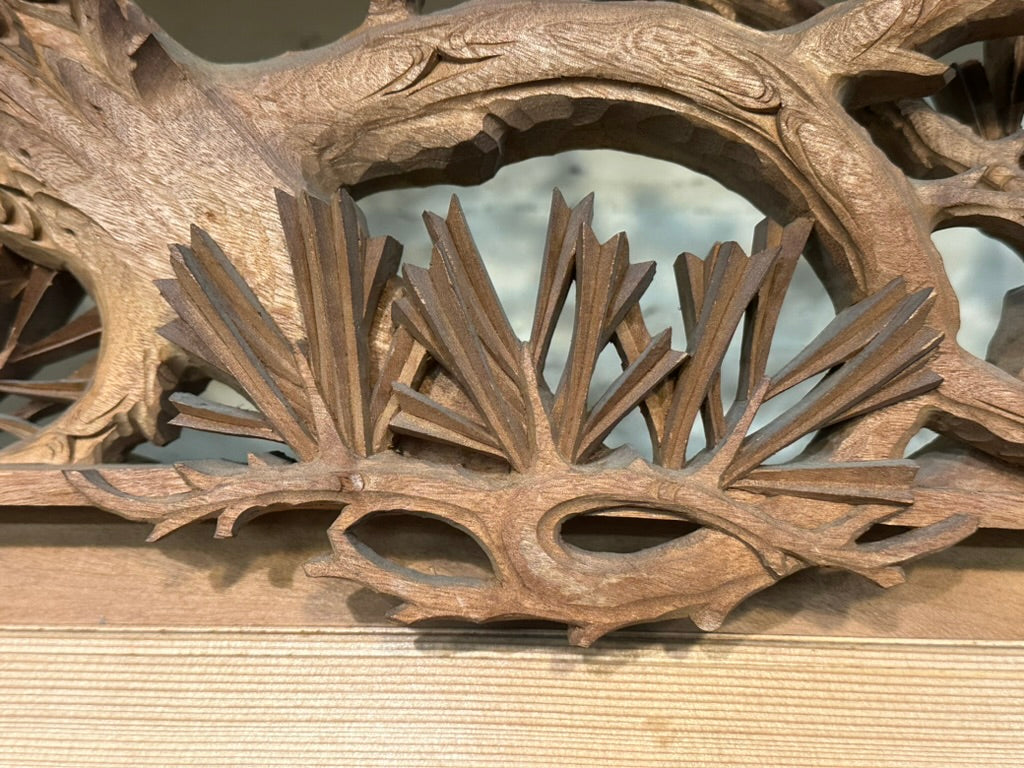 Japanese Inami Chokoku Sugi Wood Ranma Transom Carved Pine Tree Signed Kohō Taisho Showa 72"L