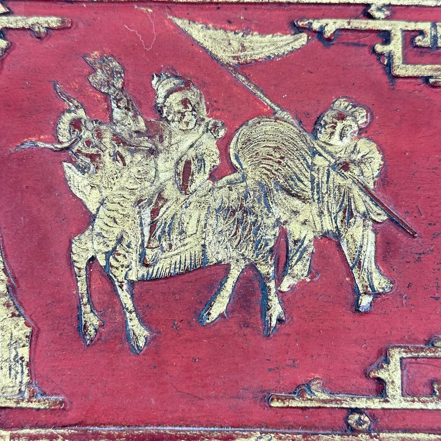 Antique Chinese Carved Gilt Lacquer Wood Panel Fragment Rider Scene 11.5″L