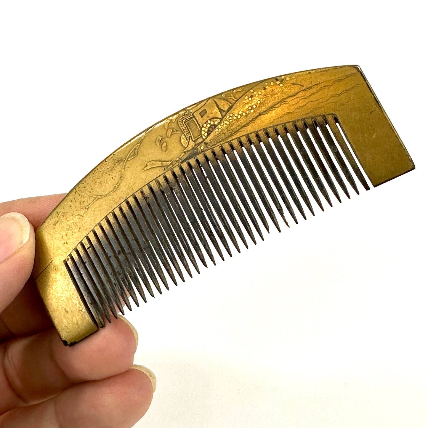 Antique Japanese Geisha Comb Kushi Hairpiece Kanzashi Gold Makie Panenquin Cart 3"