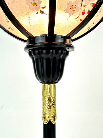 Japanese Showa Era Hiunkudo Sakura Lantern Table Lamp Pair Black Lacquer Brass 15"H