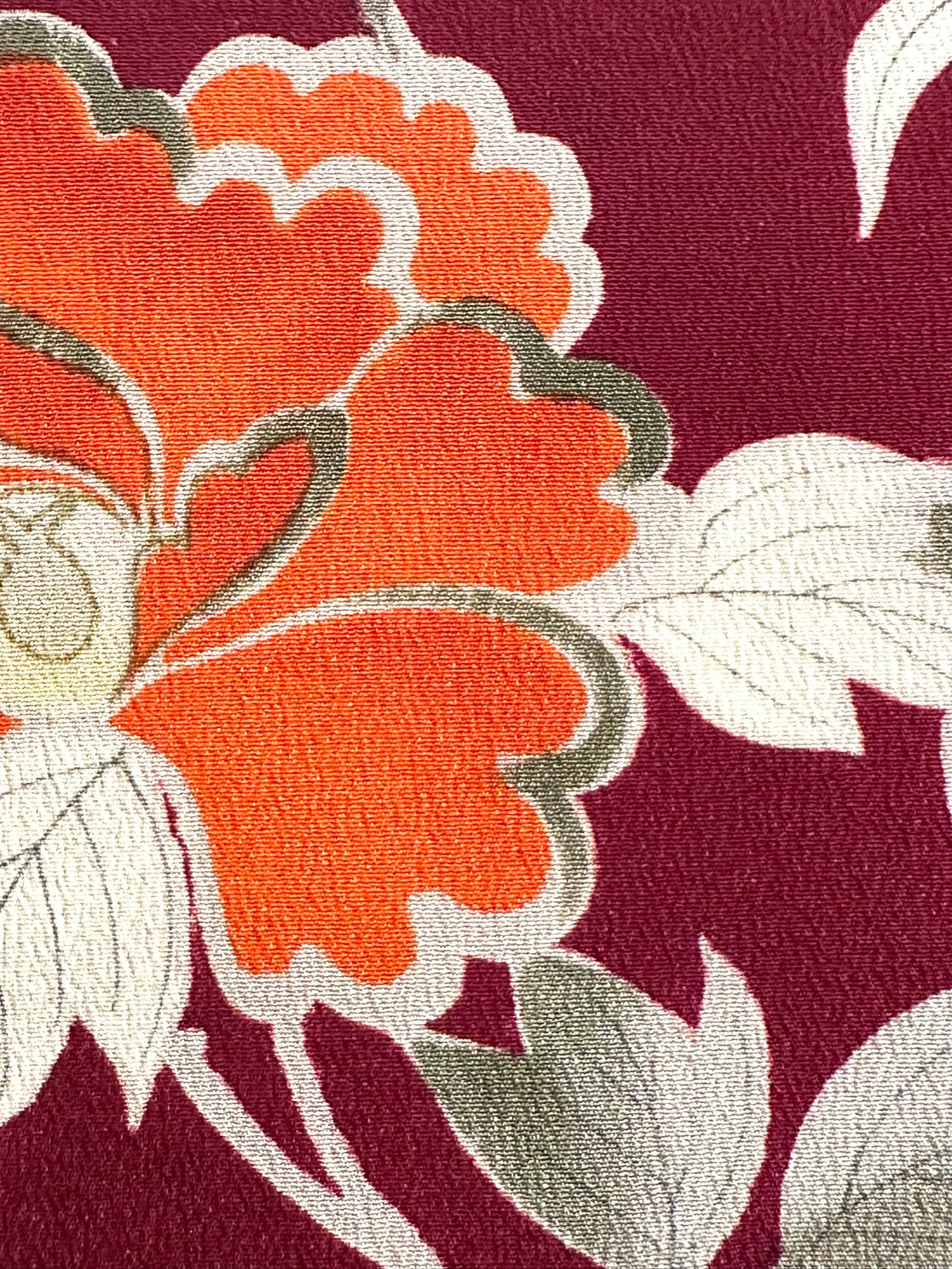 Vintage Japanese Silk Kimono Burgundy Peony Chirimen Crepe Showa