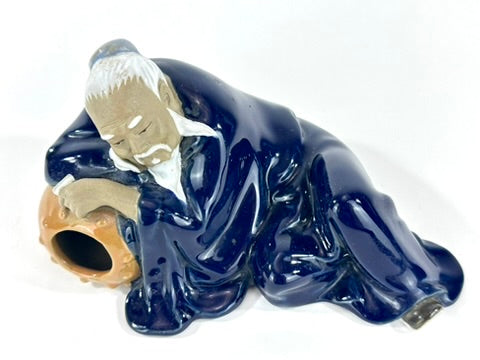 Vintage Chinese Ceramic Li Bai Drunk Poet Reclining Figure Brush Rest Cobalt Blue Glaze 7"