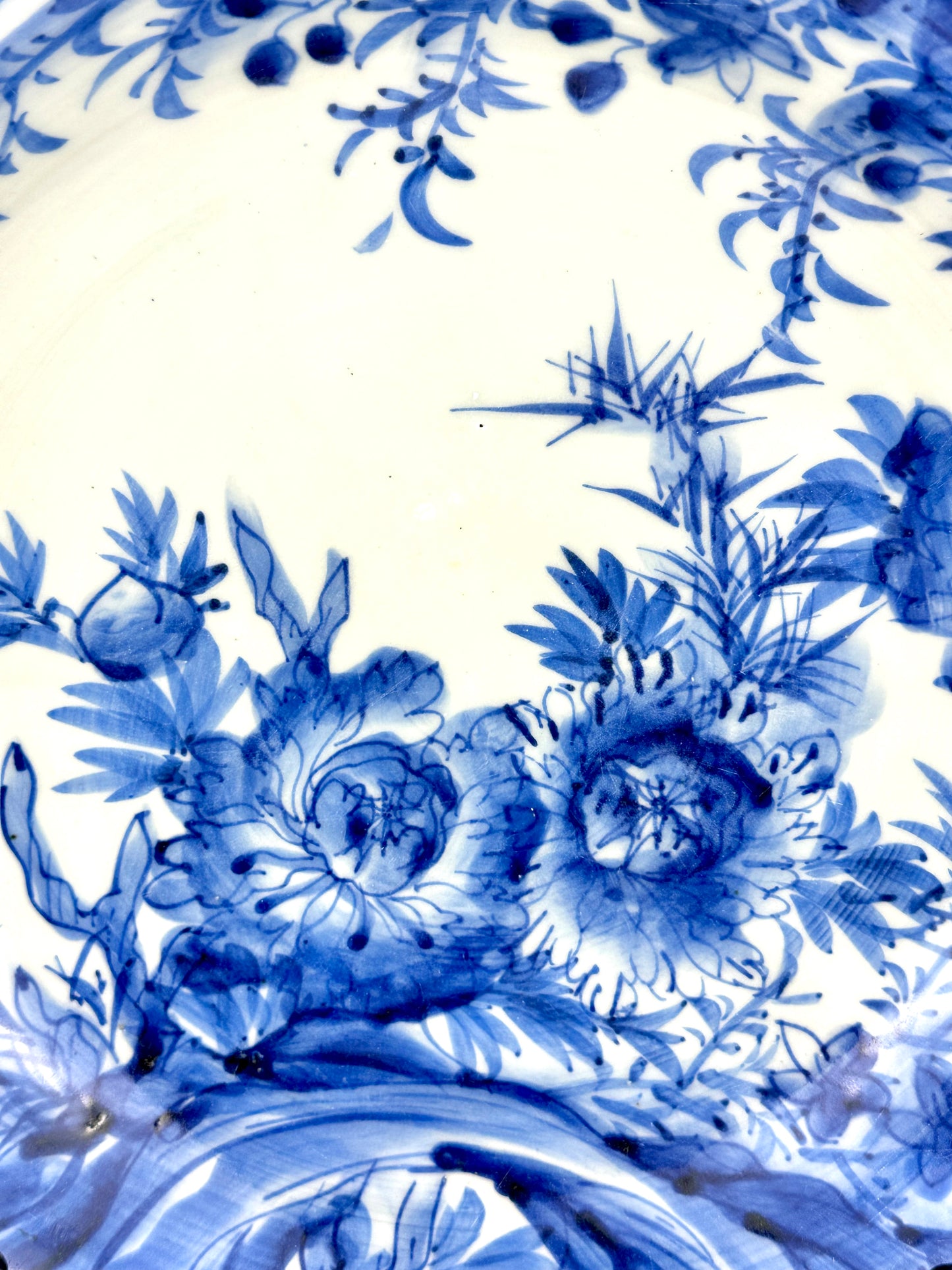 Antique Japanese Late Edo Period Imari Blue & White Porcelain Peony Bowl 12"W