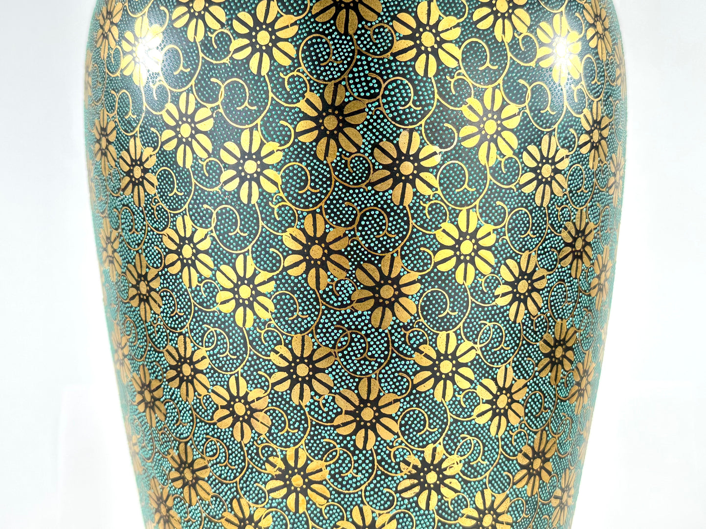 Vintage Kutani Shozan Porcelain Vase Green Gold Kiku Hanazume Hardwood Stand Showa 18"H