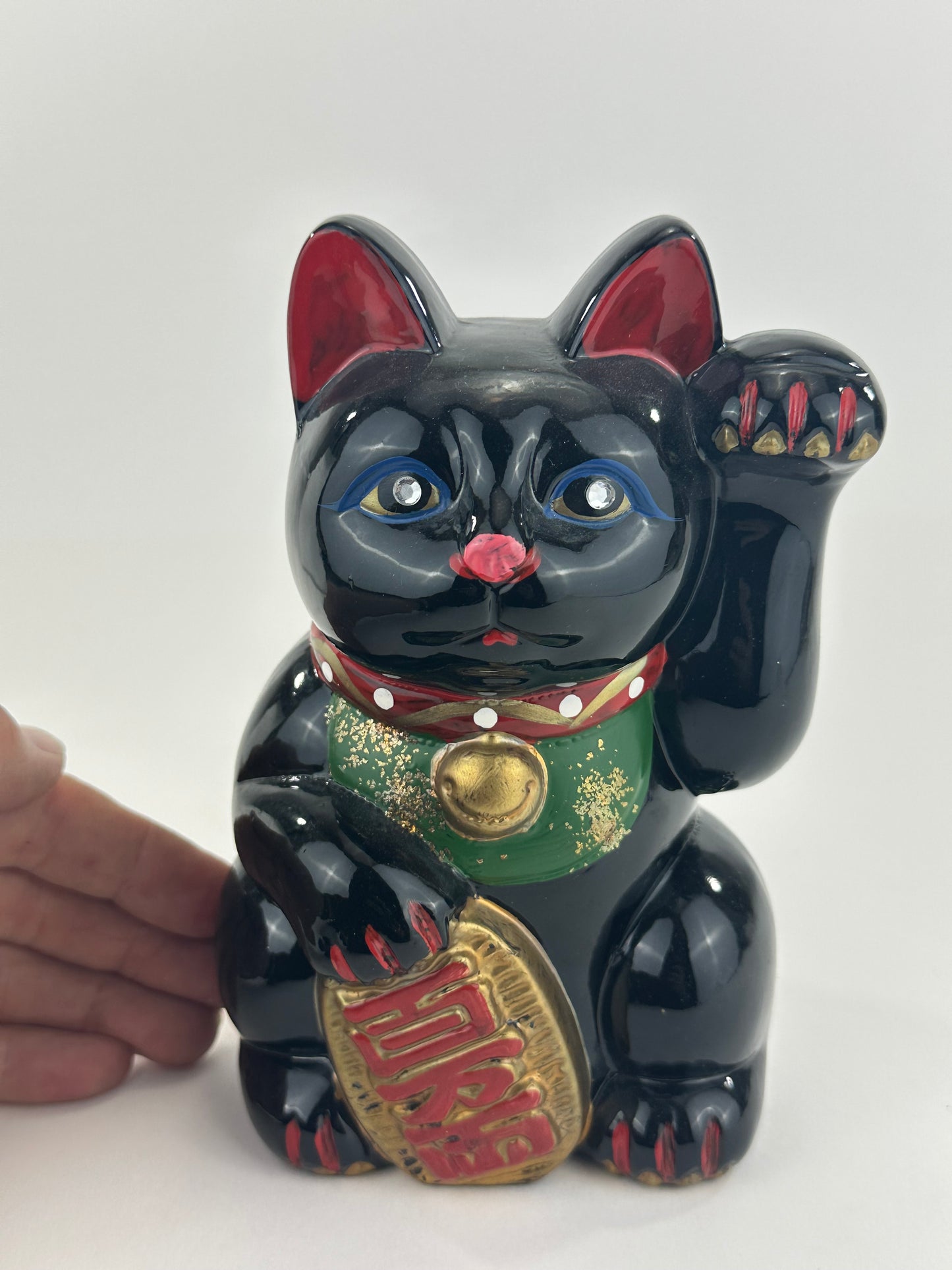 Vintage Japanese Black Ceramic Maneki Neko Fortune Cat Lucky Coin Bank 7"H