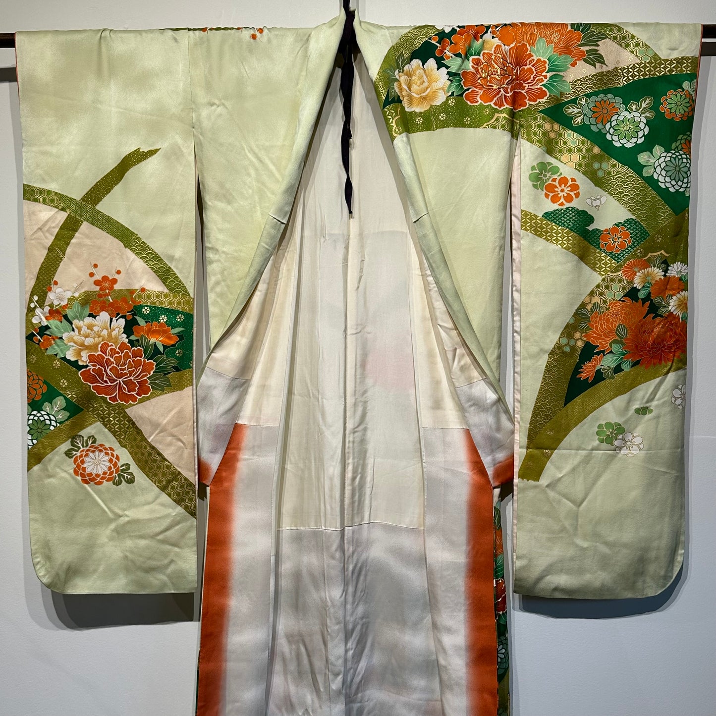 Vintage Japanese Furisode Silk Kimono Soft Green Peonie Motif